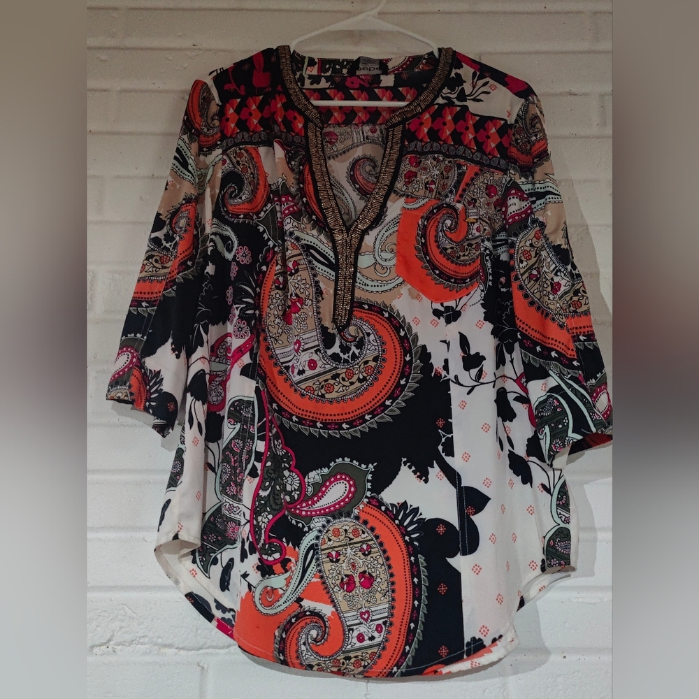 Bebe, Paisley blouse with embellished neckline